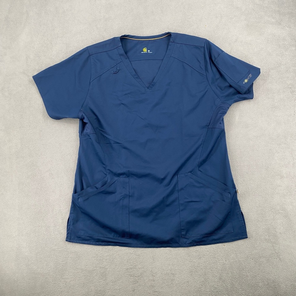 Carhartt Force Navy Blue V-Neck Scrub Top Womens Medium Short Sleeve Pocket Logo
